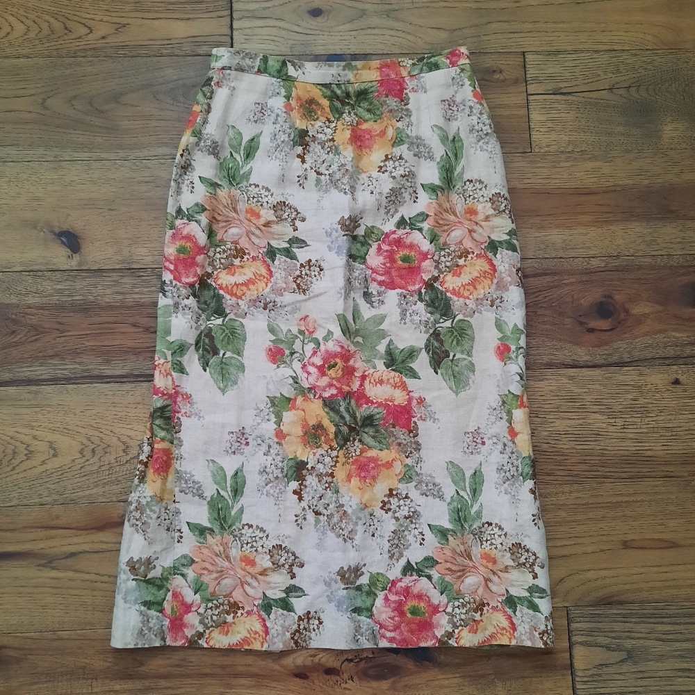 Talbots Modest Linen Pastel Floral Cottagecore Skirt Petite
